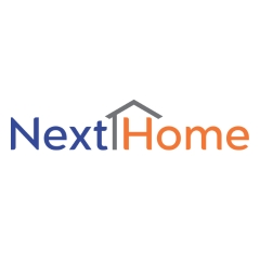 logo inmobiliaria nexthome color azul y naranja