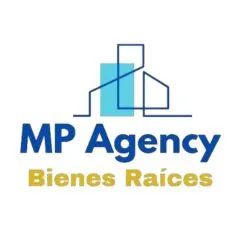 logo MP Agency Bienes Raices, diseño de edificio lineas abstractas, sobre el nombre de la inmobiliaria en color azul oscuro y dorado.