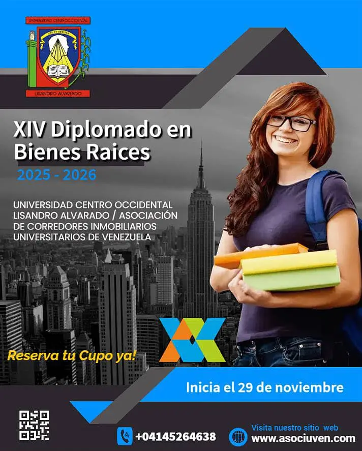 mujer joven depe a la derecha de la imagen sosteniendo libros con su antebrazo, al fondo ciudad con edificios vista desde arriba, , ala izquierda de la imagen; logo Ucla, mas abajo titulo, XVI Diplomado bienes raíces 2025-2026.